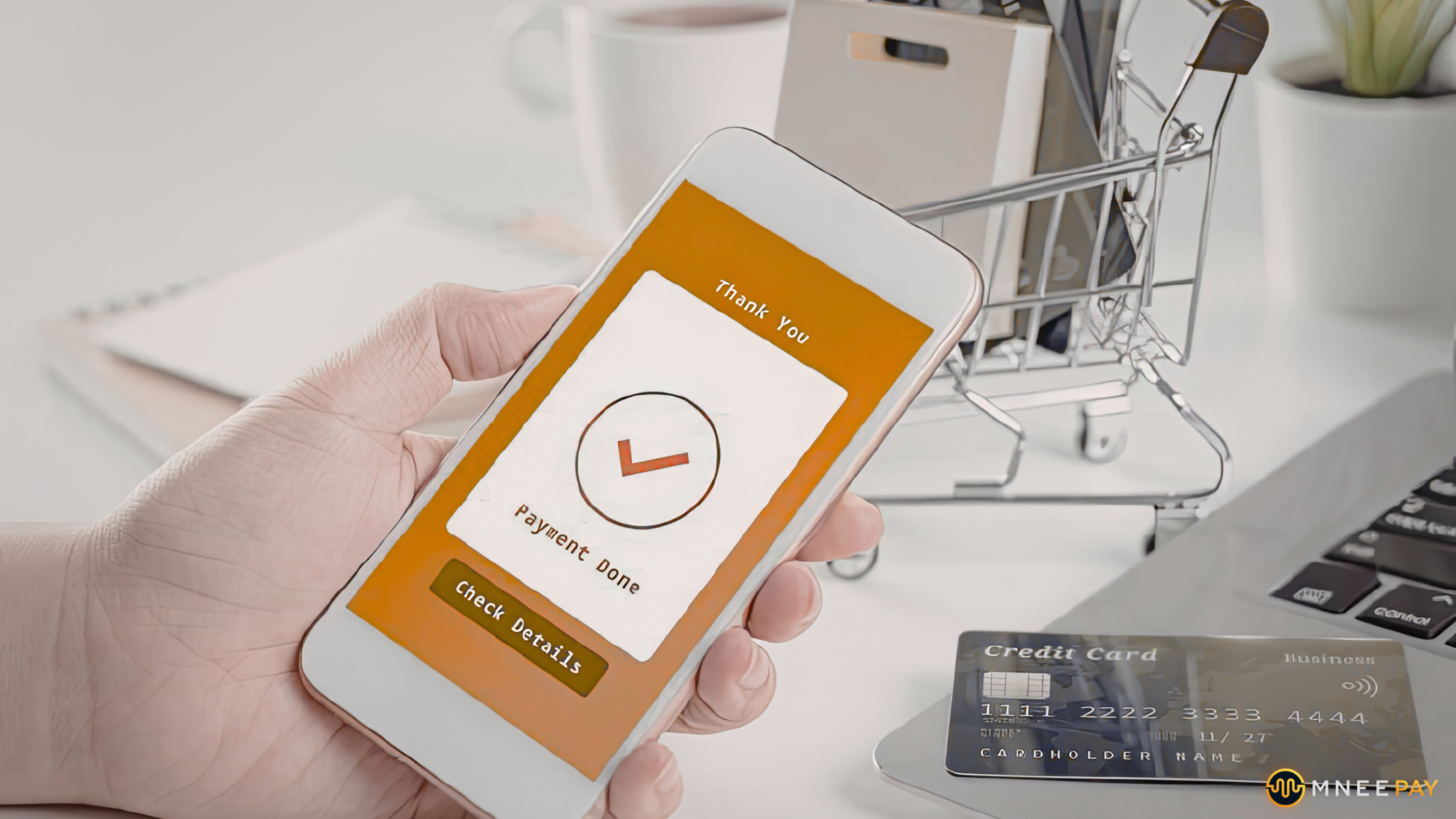 Mobile phone showing payment completed confirmation after transaction