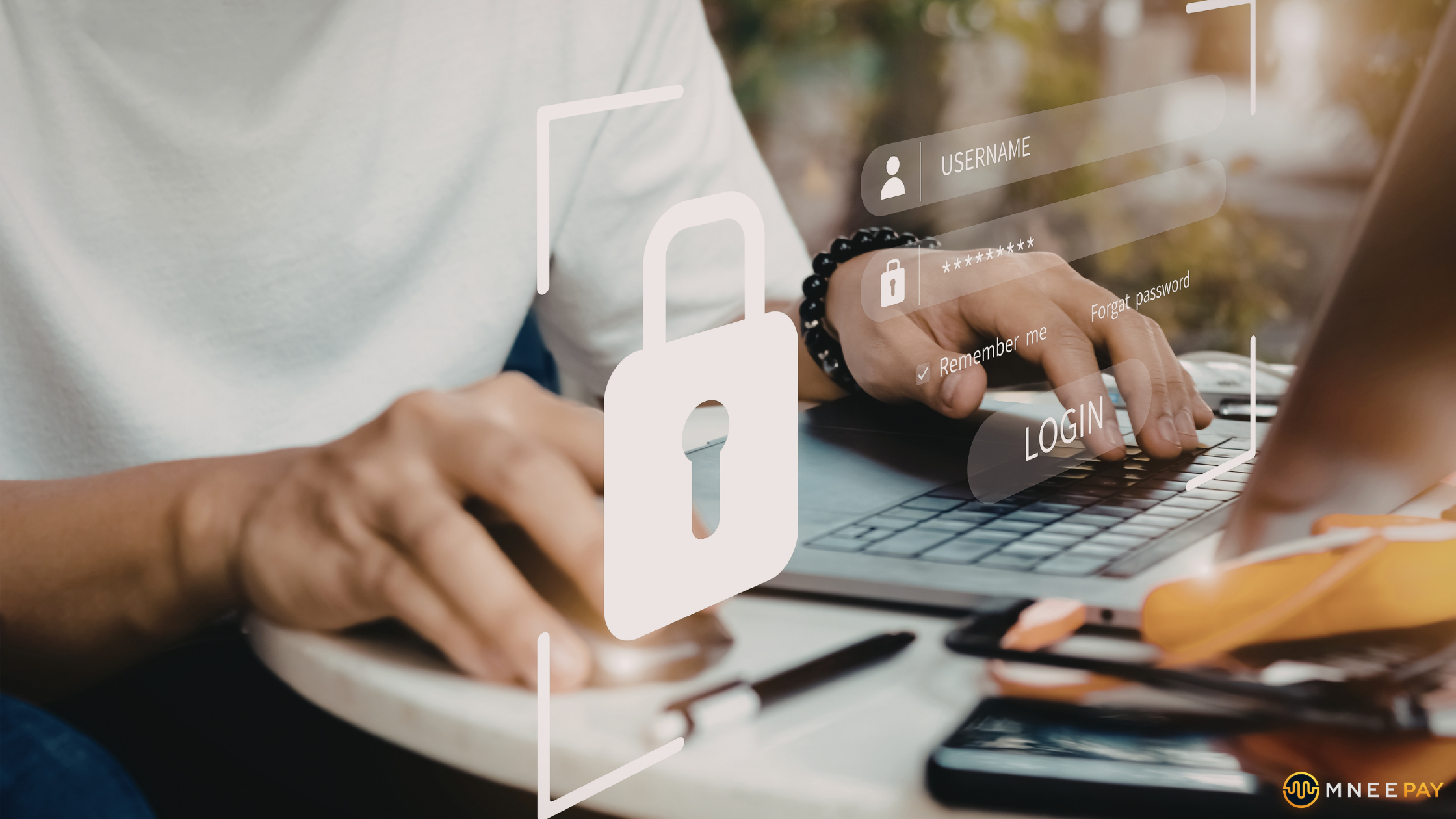 User typing on laptop with security lock icon illustrating payment security and compliance